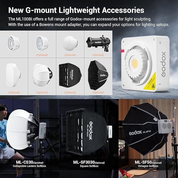 Godox ML100Bi 100W Portable LED Video Light,CRI 97+/TLCI 98+,0%-100% Brightness& Bi-Color COB Continuous Output Lighting 2800-6500K,11 FX Lighting Effects,App Control Mini Photography Light