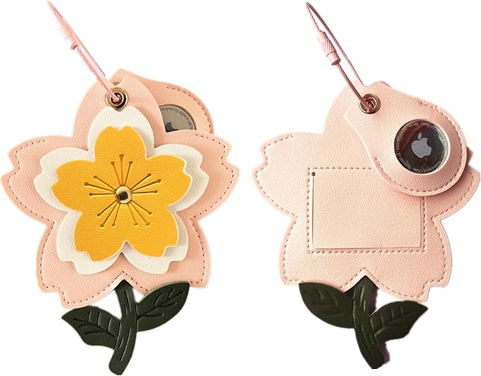 Cute Leather Luggage Tag Holder with Airtag Case Set,Hidden Compartment for AirTag Travel Suitcase Tracking Case with Stainless Steel Loop,Name ID Label(Yellow Cherry Blossoms)