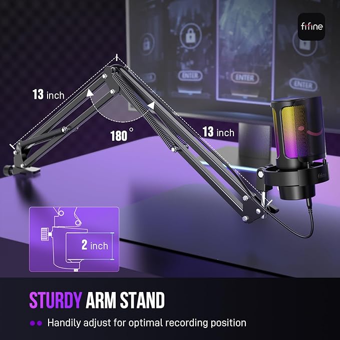 FIFINE USB Gaming Microphone Kit, PC Streaming Mic with RGB Lights, Mute, Gain Knob, Metal Boom Arm for Recording Podcast, Condenser Computer Microphone Set Compatible with PS4/PS5-AmpliGame A8T
