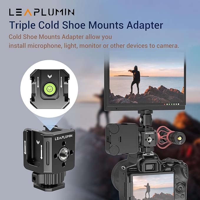 Triple Cold Shoe Mounts Adapter, 3/8'' Screw Hole to 1/4'' Screw Hole, Aluminum Alloy Hot Shoe Extension Bracke for DSLR Camera Flash Light, Monitor, Microphone-Black