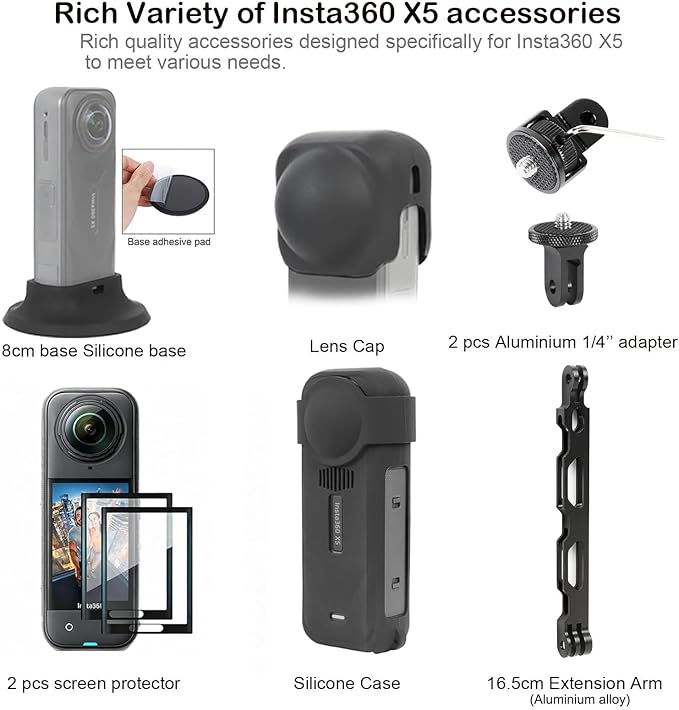 PellKing Accessories Kit for insta360 X5,Included Carrying Case with Belt,2 Pcs Metal 1/4" Adapter,Handlebar Clamp,Magnetic Mount,43in Selfie Stick,Chest Strap,Head Strap,Backpack Mount,and Others