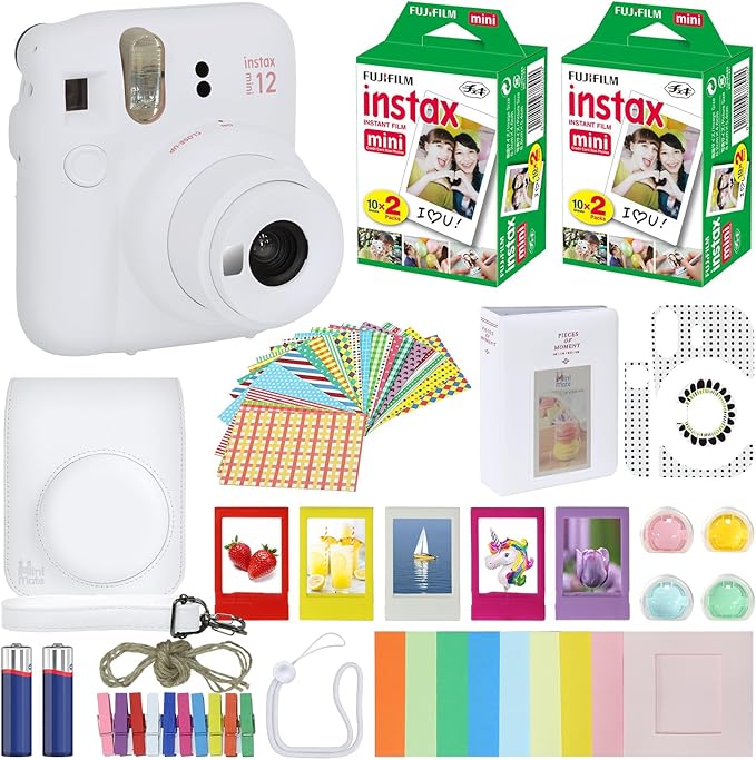 Fujifilm Instax Mini 12 Instant Camera Clay White + Carrying Case + Fuji Instax Film Value Pack (40 Sheets) Accessories Bundle, Color Filters, Photo Album, Assorted Frames