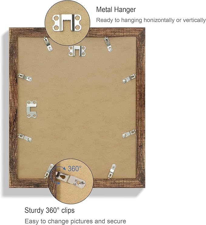 10x12 Picture Frame Set of 4, Made of Real Glass and Rustic Brown Frame - Display Picture 8x10 with Mat or 10x12 Without Mat, 10 by 12 Photo for Wall Mounting