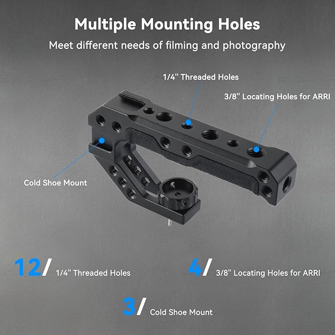 UTEBIT Camera Top Handle with 3/8" ARRI Locating Pins for Camera Cage, Universal Camera Grip Top Handle Lightweight, 1/4" Screw & 3 Cold Shoes Compatible with SmallRig Handles Camera Cages Video Rigs