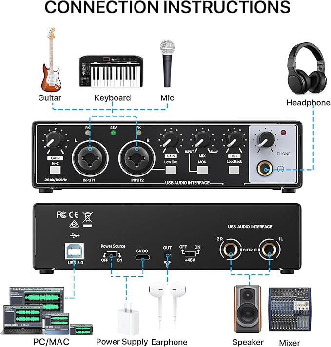 EBXYA 2x2 Audio Interface for Recording Music, 24-bit/192kHz Plug and Play USB Interface for PC and Mac, Studio, Guitar, Podcast, Streaming(Metallic Black)