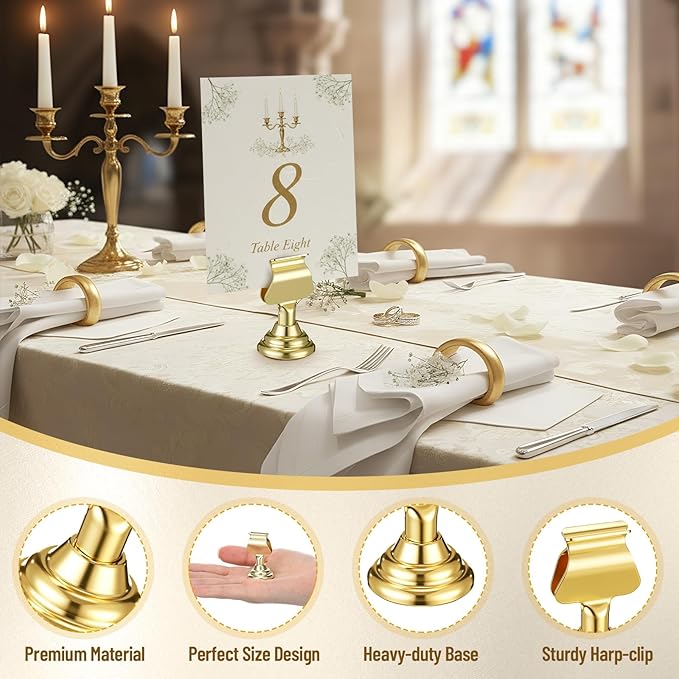 Kathfly 24 Pcs Metal Table Number Holders 1.7 Inch Gold Mini Place Card Holders Bulk Harp-clip Table Sign Stands Card Holder Display Picture Memo Notes Menu for Weddings Restaurants Birthday Decor