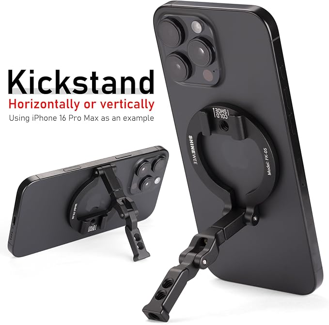 4-in-1 Magnetic Ring Phone Holder & 1/4" Tripod Thread & Cold Shoe Slot & Kickstand & Phone Grip, 360° Rotation for iPhone Series 12 13 14 15 16 17 & Magsafe Case