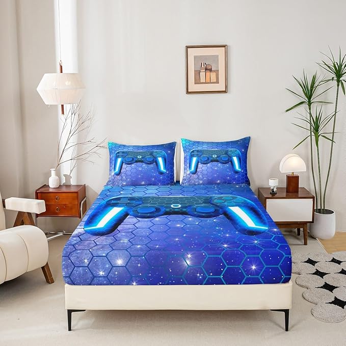 Gaming Bedding Sheet Sets for Boys Twin Size Kids Girls Video Games Bedding Modern All Season Machine Washable Fitted Sheet Blue Honeycomb Hexagon Print Flat Sheet Gamer Room Decor Bed Sheet