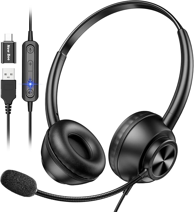 USB Headset with Microphone for PC, Computer Headset with Mic, Wired Headset with USB-A & Type-C, Mute, In-Line Controls Call Center Headphone for Work PC Laptop Office Phone Meeting Zoom Skype