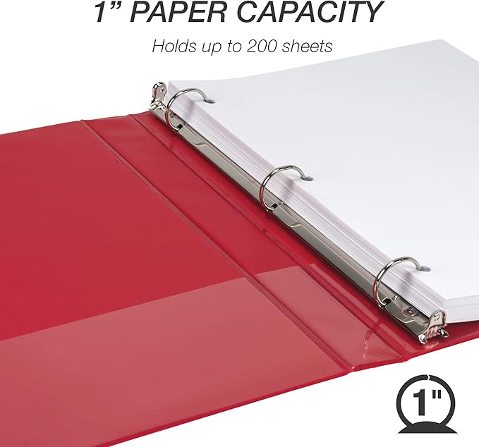 Samsill Durable 1 Inch Binder, Made in the USA, Round Ring Customizable Clear View Binder, Red, 4 Pack (MP48433)