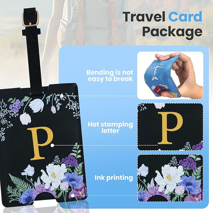 2 Pack PU Leahter Luggage Tags with PU Leather Straps, Fun Travel case Labels, Privacy-Protected ID Card Holders, Allowing for Quick Identification of Luggage and Easy locating of Your Bags (P)