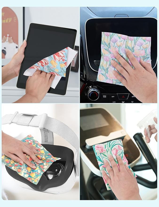 6PCS Thickened Glasses Cleaning Cloth Elegant Flower Design Microfiber Cleaning Cloth, Multi-Colored Eyeglass Lens Cleaning Cloths, Soft Wipes for Reusable Eyeglass and Phone Screens (Tulips)