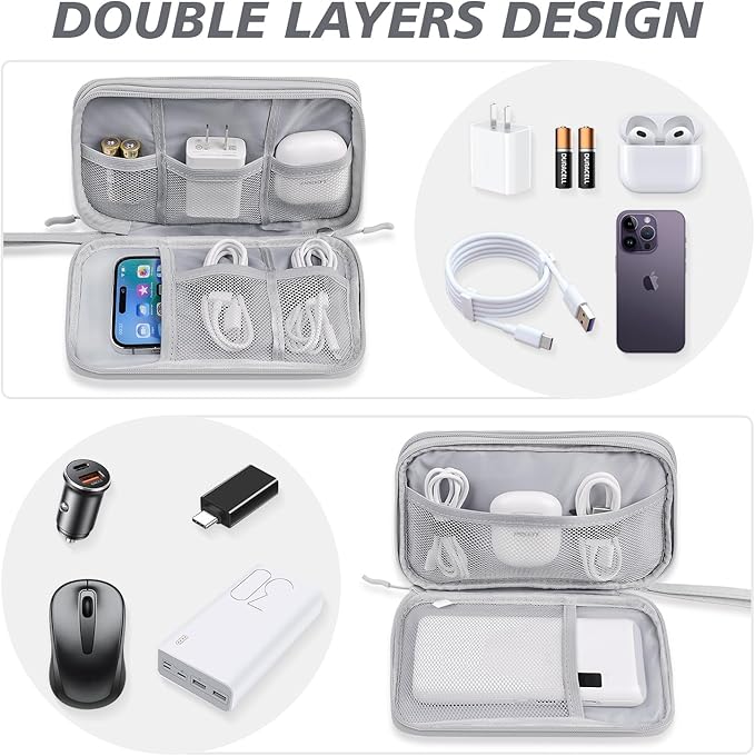 Electronics Organizer Travel Case,Cable Tech Organizer Bag,Medium Size Water Resistant Double Layers Pouch Carry Case for Cord,Phone,Charger,Earphone,Travel Accessories Essentials for Men,Grey