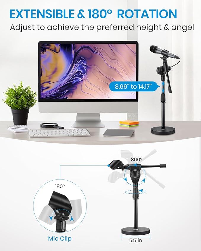 Moukey Mic Stand Desk Adjustable Tabletop Microphone Stand with Non-Slip Mic Clip, Short Table Mic Stand with Gear Fixing, Boom Arm, 3/8" and 5/8" Adapter, MMs-5