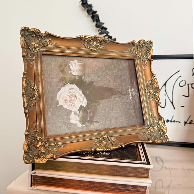 CISOO 5x7 Vintage Picture Frame Antique Ornate Bronze Gold Photo Frame, for Table Top and Wall Display, Decorative Floral Design Retro Home Decor, Photo Gallery Art