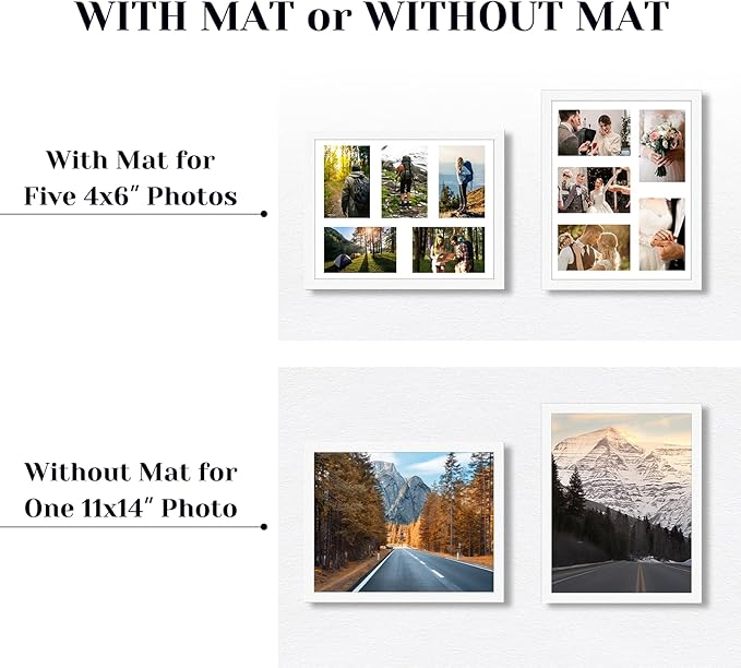 4"x6" Photo Collage Frame 5 Openings, 11"x14" Multi Picture Frame Collage Wall Decor, White Frame with White Mat, Wood