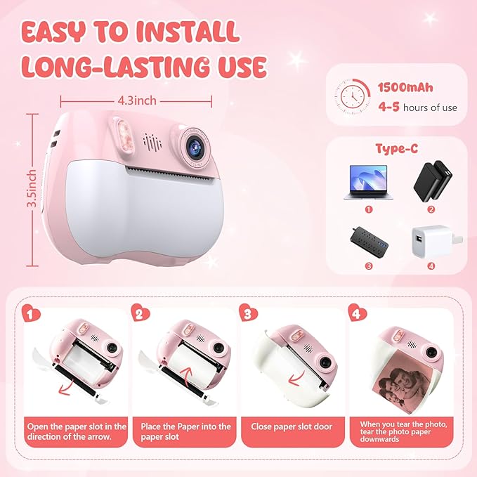 Kids Camera Instant Print 1080P Front Rear Dual Selfie - Toddler Cameras with Digital Video Games,32GB & 5-Colored Print Paper/ 250 Photos,Easy to Use & Great Toys Gifts for Boys Girls, Ages 3-12