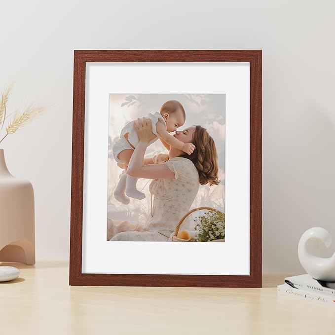 Vittanly 8x10 Picture Frame, Made of Solid Wood and Shatterproof Plexiglass, Display Pictures 5x7 with Mat or 8x10 without Mat, Wooden Photo Frame for Wall Mounting or Tabletop Display, Brown, 1 Pack