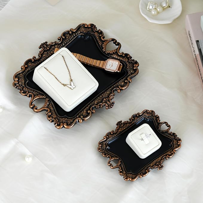 Funly mee 8 x 7 inches Antique Trinket Dish Vintage Jewelry Tray, Ring Holder (Black & Gold, M)