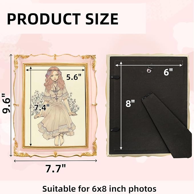 2 Pack 6x8 Inch Vintage Photo Frames, Antique Picture Frames with Golden Trim, Display Pictures Pink for Wall or Tabletop, Horizontal or Vertical