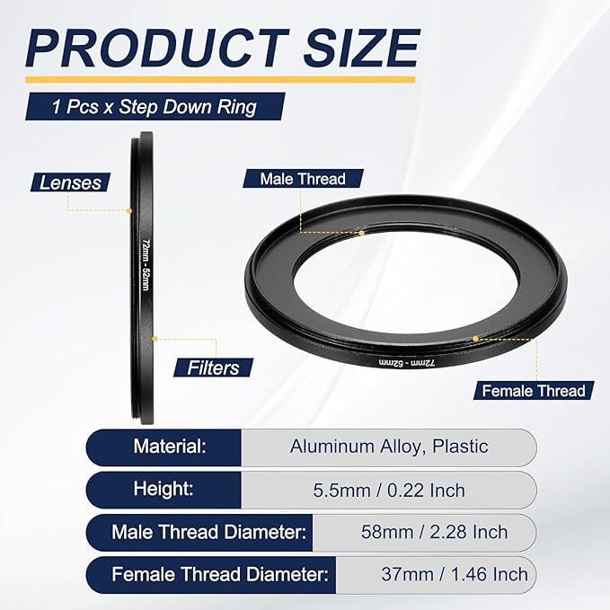 PATIKIL Step Down Ring Adapter 72mm to 52mm, Filter Step-Down Rings Camera Lens Filters Metal Ring Digital for ND IR DSLR Lenses, Black