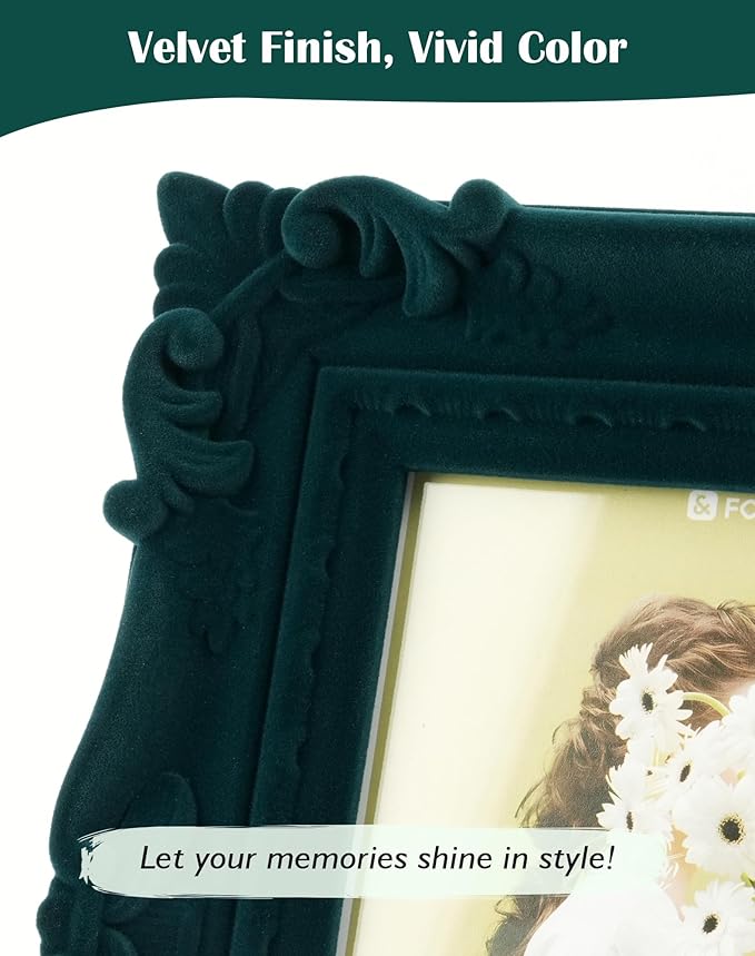 Picture Frame 5x7 with Real Glass, 5 by 7 Ornate Picture Frames for Travel Snapshots Watercolor Paintings Animal Art Prints Illustration (Dark Green)