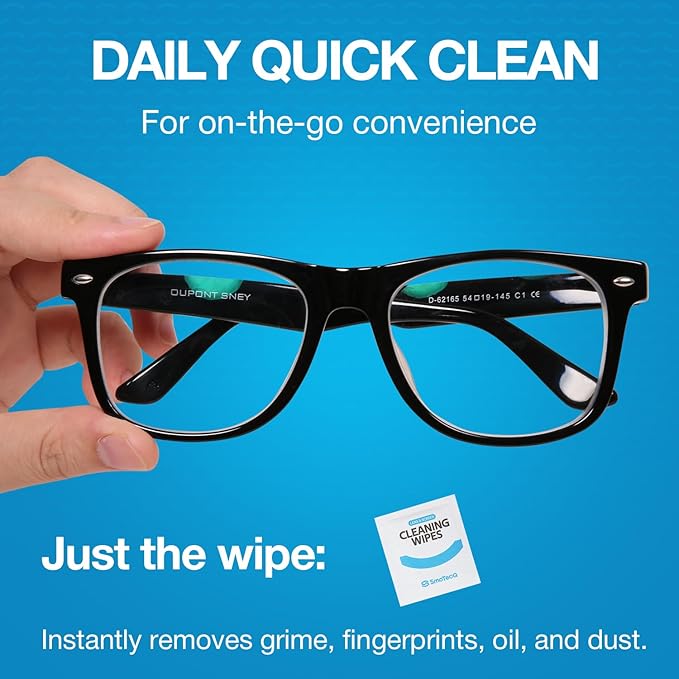SmoTecQ Lens Wipes for Eyeglasses (180 Count + 2 Cloths) – Pre-Moistened Lens Cleaner for Coated Lenses, Sunglasses, Camera & Screens – Ammonia-Free, Streak-Free, Individually Wrapped