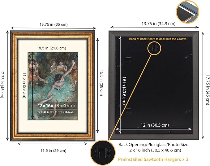 12x16 Antique Gold with Dark Brown Border Trim Wood Ornate Vintage Classic Picture Frame, With Mat 9x12 inches, Plexi Glass Cover, Horiztonal or Vertical Display, 2 Pack