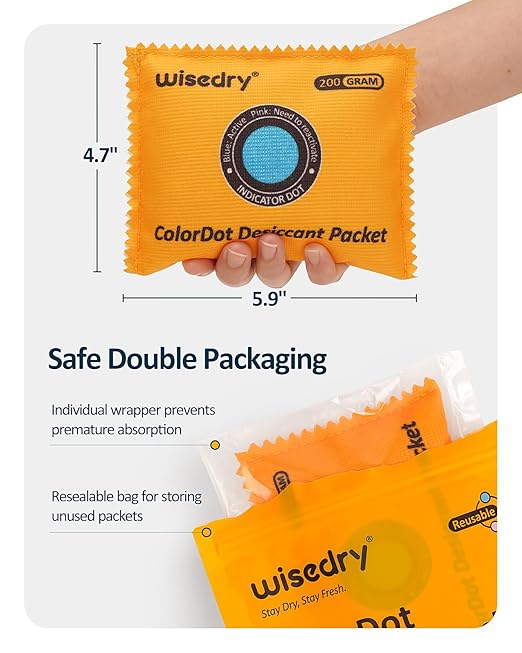 wisedry 200g [3 Packs] Rechargeable Large Desiccant Packs for Storage, Color Indicating Silica Gel Desiccant Packets, Reusable Moisture Absorbers Bags for Clothes, Suitcase, Gun Safe, Tool Box