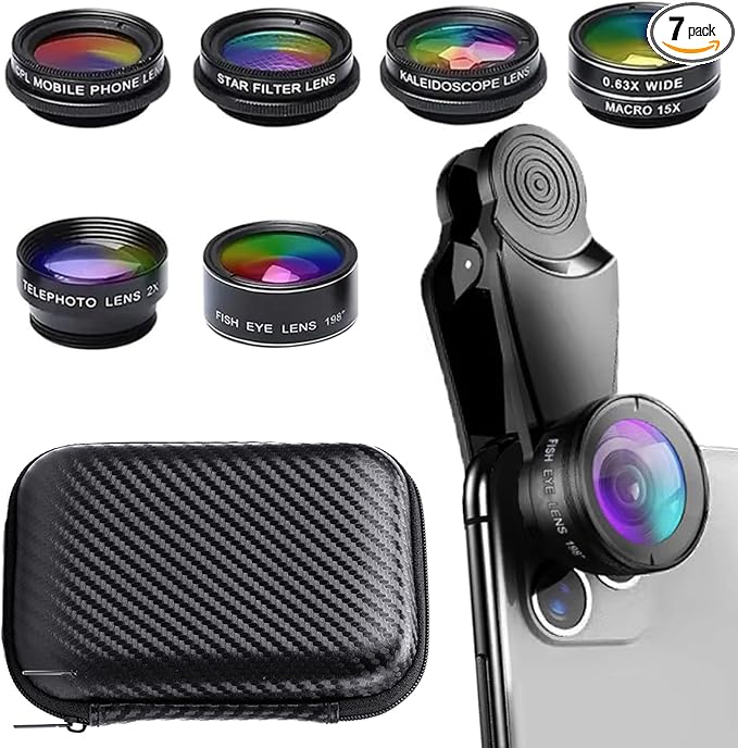 7 in1 Mobile Phone Camera Lens, Mobile Phone Lens Kit, Universal Clip, for iPhone, for Samsung, for Android Smartphone, On Wide Angle+Macro+ Fish Eye+Kaleidoscope+Star Filter+CPL Lens(Black)