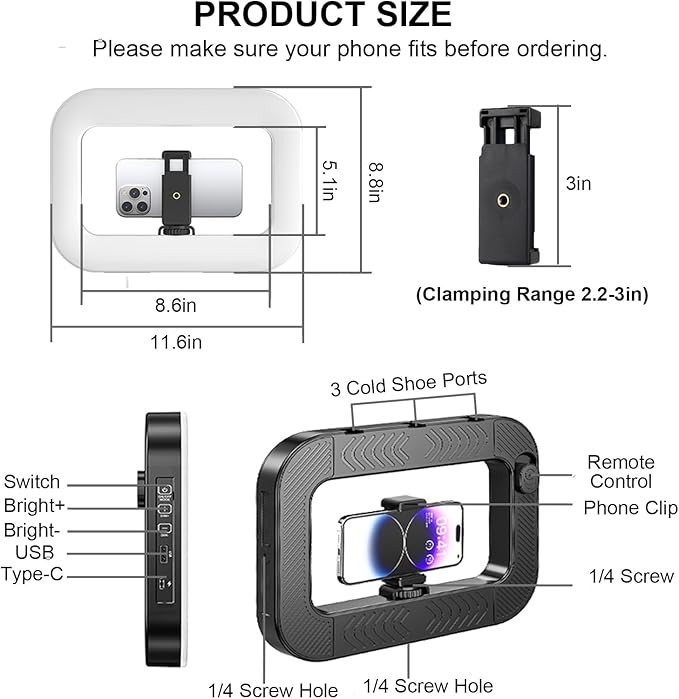 Phone Ring Light for Video Recording, Smartphone Video Rig with Light, 8000mAh RGB Portable LED Selfie Kit for Camera, TikTok, YouTube, Makeup, Vlogging