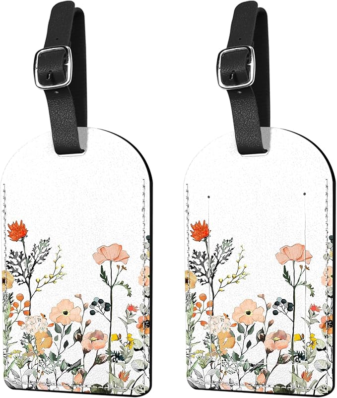 2 Pack Luggage Tag Suitcase Tags PU Leather Identifiers Privacy Cover Luggage Tags Aesthetic Cute Travel Bag Labels for Women Girls Men-Red Flower