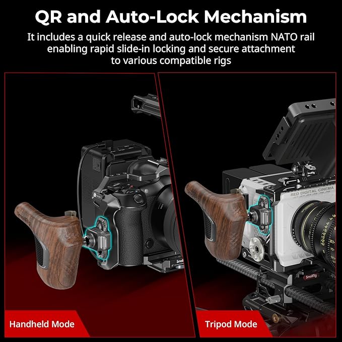SMALLRIG Rotating Right-Side Wooden Handle with NATO Clamp & NATO Rail, Load Capacity up to 15kg, One-Touch Rotation, 360° Angle Adjustment, Anti-Slip Design