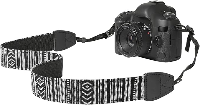 MoKo Camera Strap, Retro Cotton Canvas Woven Strap Universal Shoulder Neck Sling Belt for ALL DSLR/SLR Cameras Canon/Sony/Nikon, Adjustable Thin Strap for Adults & Kids, Black & White