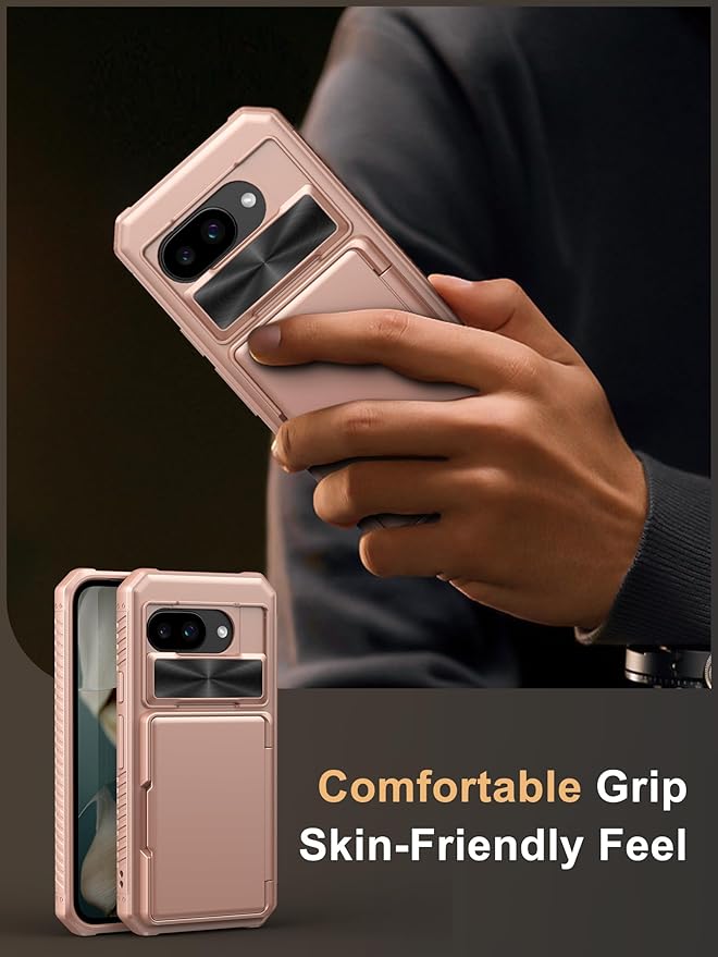 Vihibii for Google Pixel 9a Case Wallet with Card Holder (4 Cards) [RFID Blocking] & Slide Camera Cover & Raised Edges Protect Screen, Shockproof Rugged Phone Cover for Google Pixel 9a 2025, Rose Gold