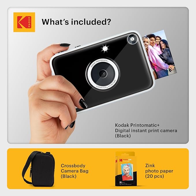 Kodak Printomatic+ Instant Print Digital Camera Starter Bundle + Carrying Case + Zink 20pk Sticky-Back Photo Paper - 10MP, Full-Color Photos, GB LED Status Indicator - Black