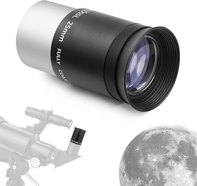 Astromania Telescope Eyepiece 25mm Plossl, 1.25 Inch Telescope Accessory Eyepiece Fully Multi Coated 4-Element Plossl Design, Metal 50 Degree Apparent Field of View for Astronomy Telescopes & Filters