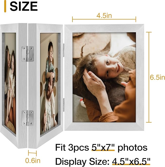 decorUhome Triple 5x7 Picture Frame Vertical, Engineered Wood Trifold Photo Frame with Plexiglass for Tabletop Display, 5x7, Silver