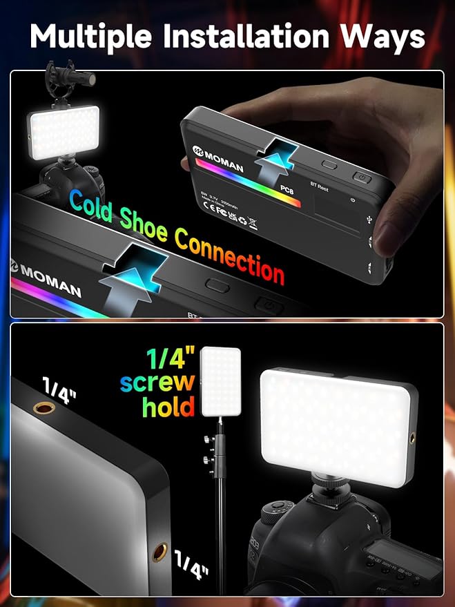Moman LED Camera Light, RGB Video Lights for Photography, App Wireless Control, 2500-9000K, CRI 95+, Long Battery Life, Portable Lighting Panel with Cold Shoe, Fits for GoPro Sony Canon