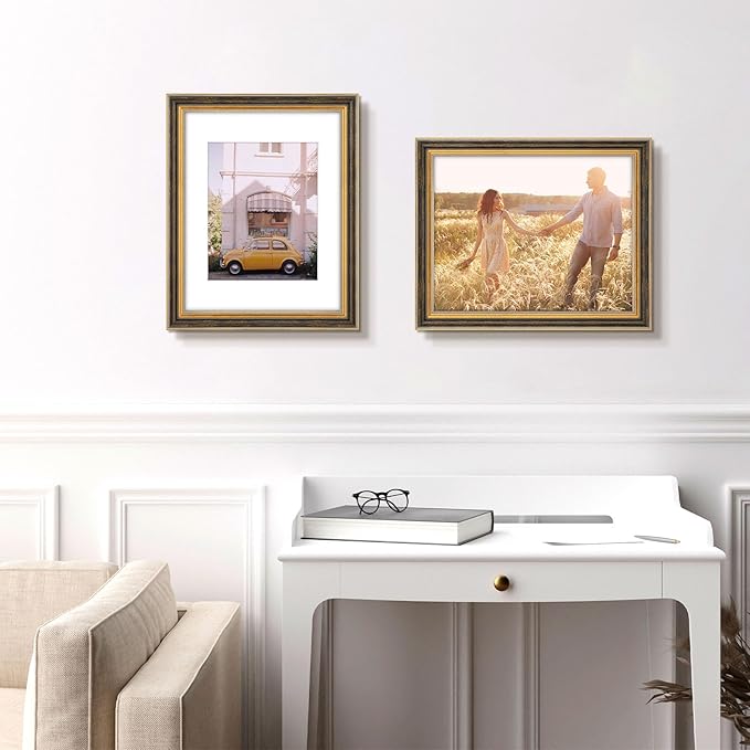 Golden State Art,11x14 Ornate Picture Frame for 8x10 Photo with Mat or 11 x 14 Prints Without Mat, Real Glass Wall Display Horizontally or Vertically (Color: Black Gold)