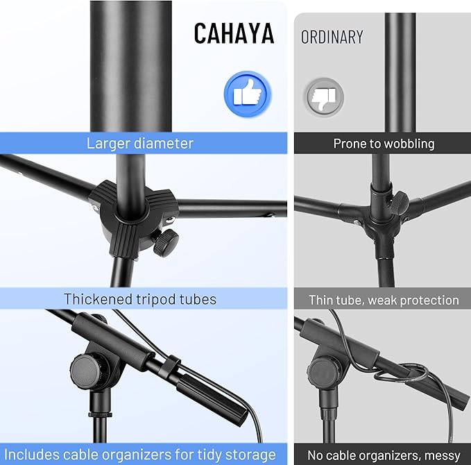 CAHAYA Mic Stand Floor Adjustable - Tripod Boom Arm Microphone Stand with Carrying Bag 2 Mic Clips 3/8" to 5/8" Adapter for Singing Podcast Compatible with Blue Yeti Shure SM58 SM48 Fifine K669B