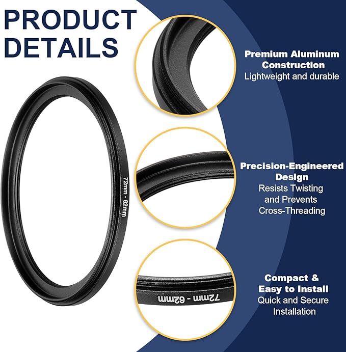 PATIKIL Step Down Ring Adapter 72mm to 62mm, Filter Step-Down Rings Camera Lens Filters Metal Ring Digital for ND IR DSLR Lenses, Black