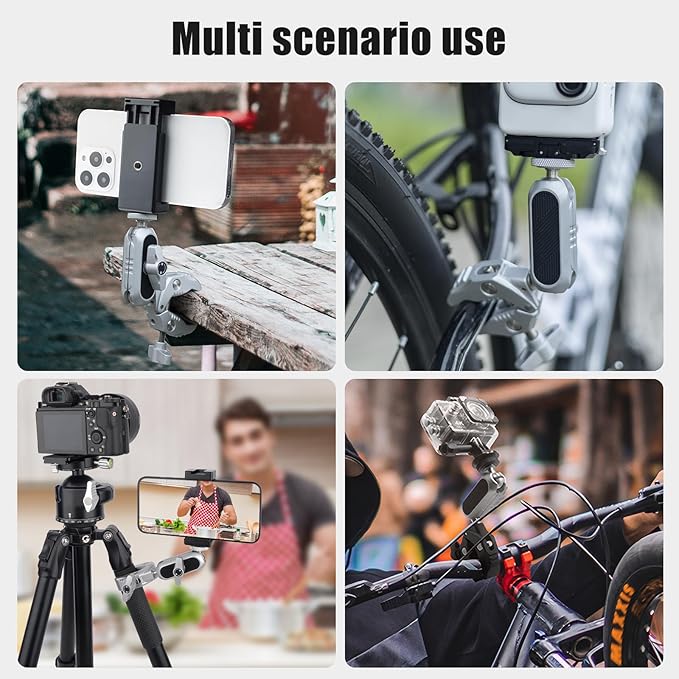 Super Clamp Mount with Dual 360° Ballhead Magic Arm with Phone Holder,1/4"-20 Screw Compatible with Mirrorless Camera,GoPro Hero,DJI OSMO Action,Insta360 X4/X3, Smartphone and More