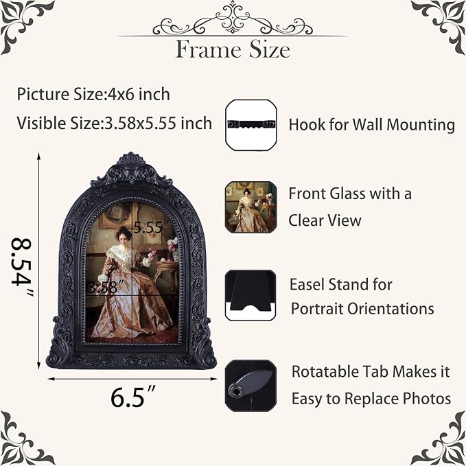 Vintage Picture Frames 4x6 Ornate Black Antique Picture Frames for Wall and Tabletop Vintage Photo Frame Victorian Home Decor Gallery Wall Decor in Arch Shape