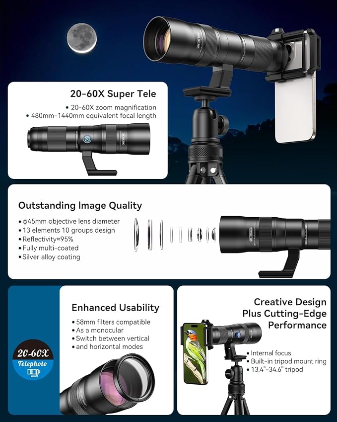 20-60X Zoom Telephoto Lens, Evil Eye High Power HD Telephoto Phone Lens with Tripod and Universal Phone Clip for iPhone 16/15/14/13 Series, Samsung, Android Phone and Most Smartphone