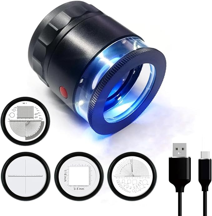 LED Scale Loupe 10X Rechargeable Jewelers Loupe with UV & LED Lights and 4 Reticle Sacles, Eye Loupe Magnifier Jewelry Magnifying Glass with Adjustable Focus for Jewelry Gemstones Identification