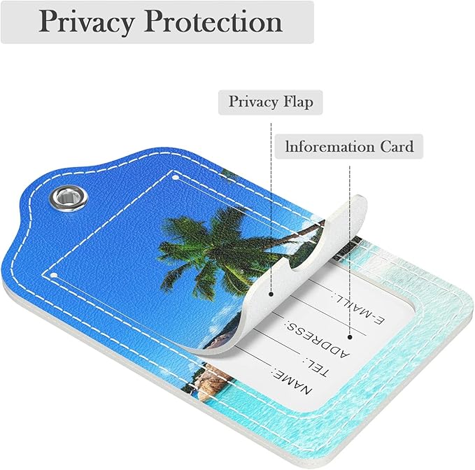 Luggage Tags for Suitcase, 2 Pack PU Leather Travel Cruise Luggage Tag with Privacy Flap, Name ID Label and Metal Loop for Women Men Girls Suitcase Baggage Bag Backpack Instrument, Happy Beach