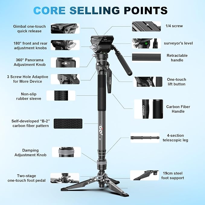 COMAN M1V5 Camera Monopod, One-Click Lifting Monopod with Feet, 67'' Lightweight monopod with V5 Fluid Head Quick Release Plate for Camera, DSLR, Camcorder (M1V5)
