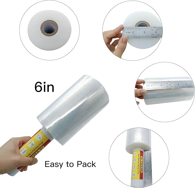 JA PACKING Stretch Wrap Clear Plastic Wrap Roll 6 inch X 1000Ft 80 Guage Industrial Mini Stretch Wrap Film with Handle for Moving,Shipping,Packing Fuiniture Adhering Shrink Film