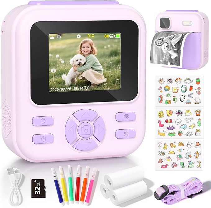 Kids Camera Instant Print, 1080P HD Digital Video Kids Instant Camera for Girl Boys, Toddler Toys for Children Age 3-12 with 3 Rolls Print Paper & 32G Card (Purple)